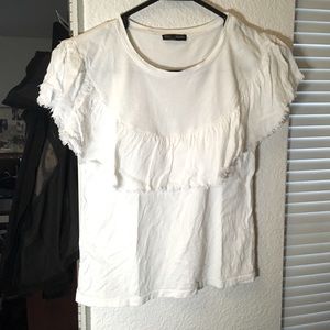 Zara Scoop Ruffle White T-Shirt Top Small